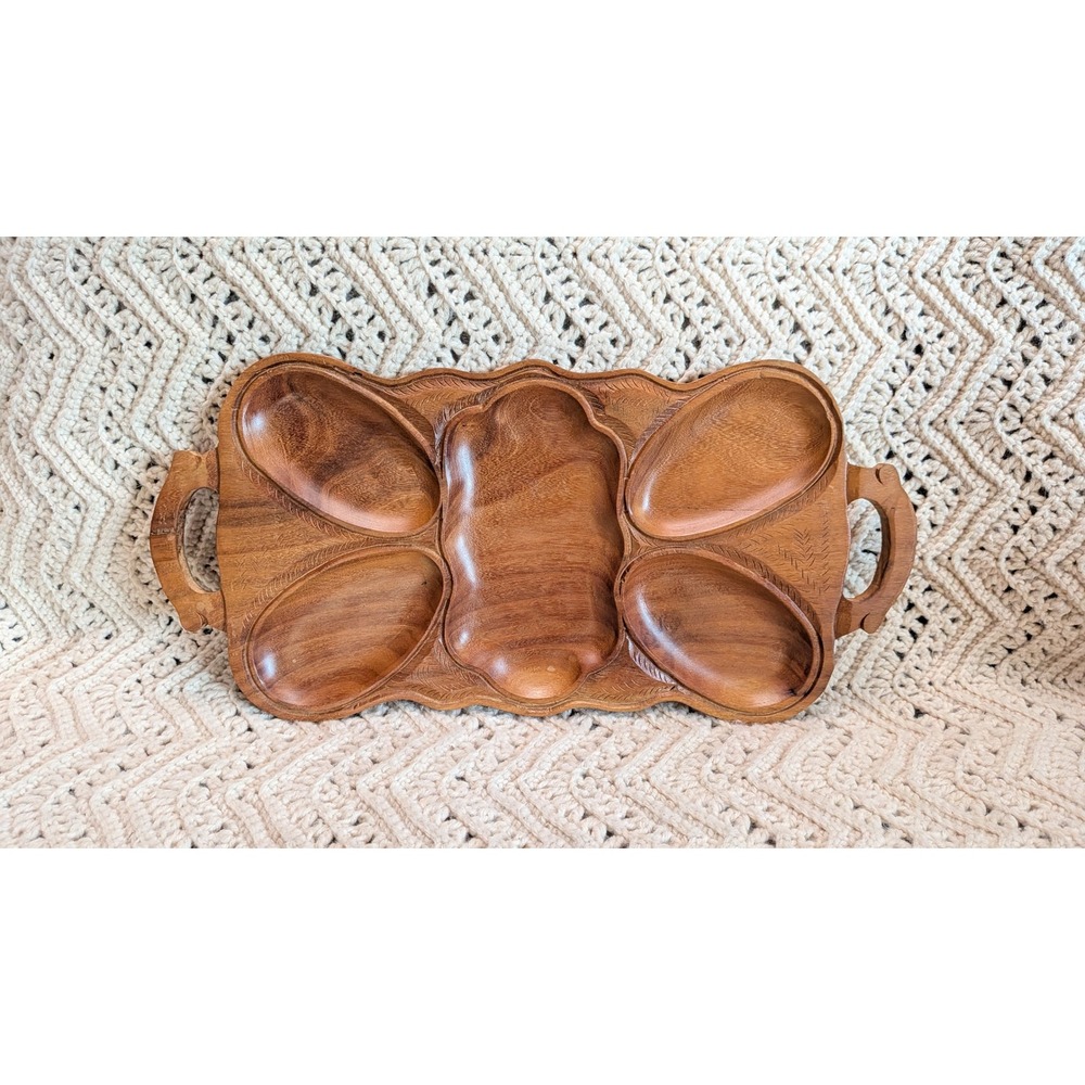 Vintage Hand Carved Monkey Pod Wood Divided Serving Tray Section Appetizer Dish